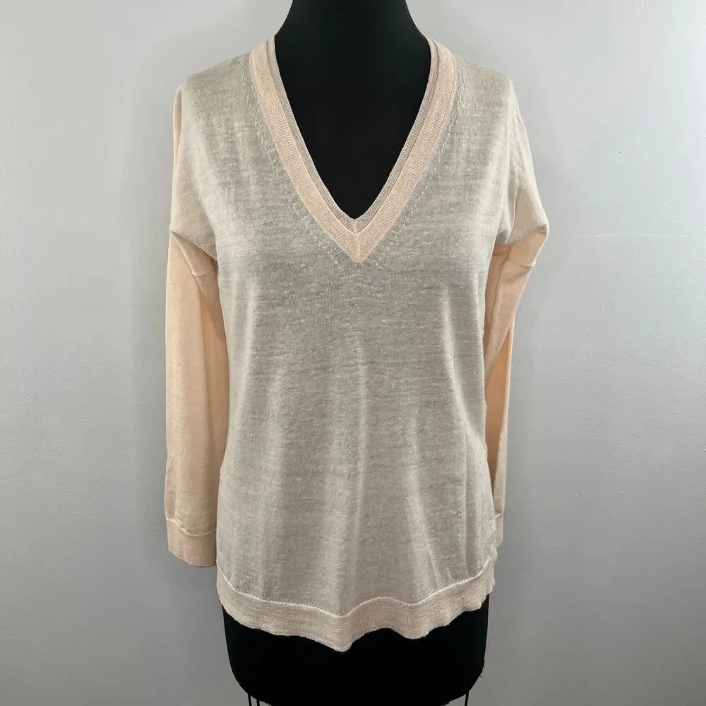 J. Crew Cream Long Sleeve V-Neck Merino Wool-Linen Blend Pullover Sweater Sz XS